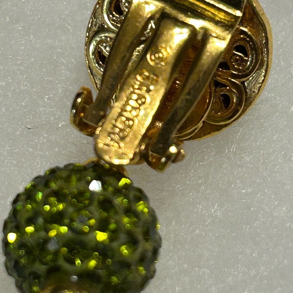 Jose & Maria Barrera couture earrings green three ball clip on with nine chains